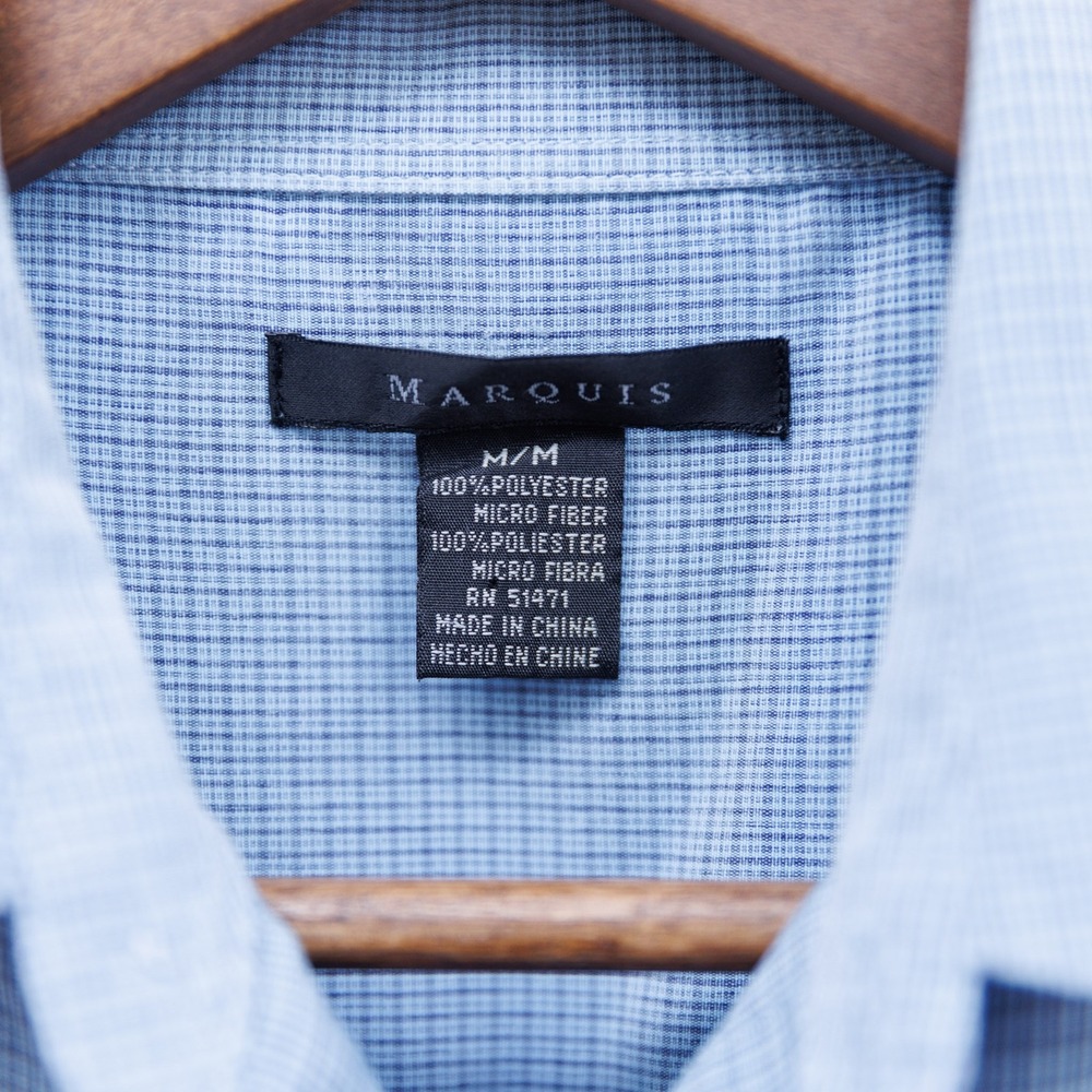 Marquis Mens Blue Micro Check Short Sleeve Button Down Shirt Medium Microfiber - Picture 2 of 6